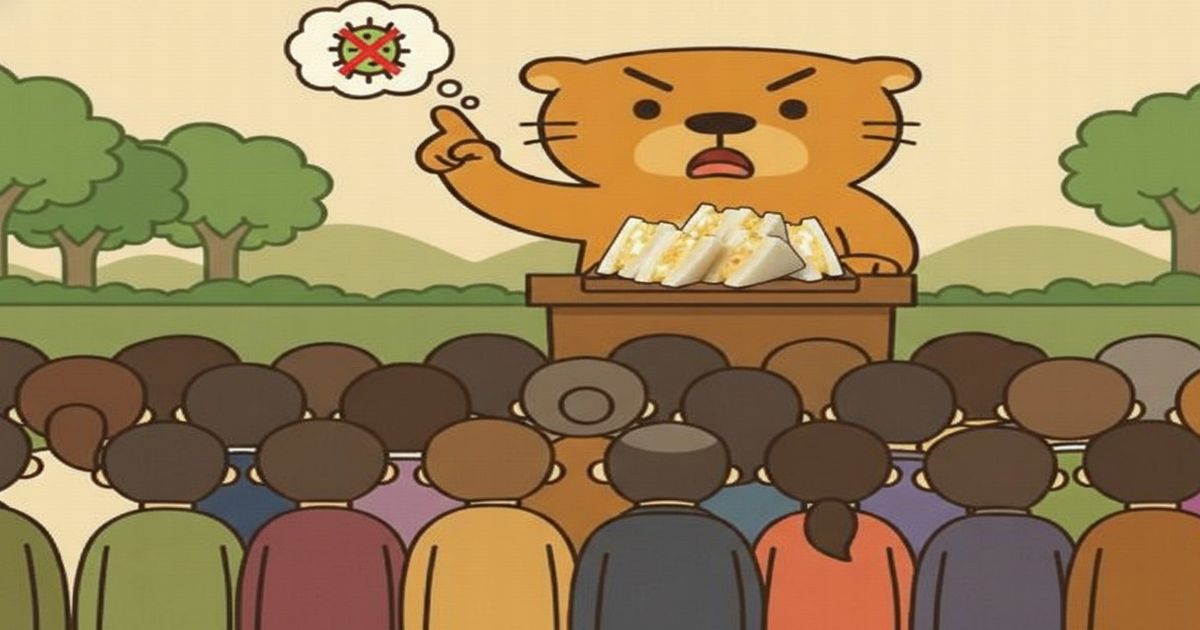 食中毒予防を講義するカワウソがサンドウィッチを机に置き、集まった人々に啓発しているイラスト