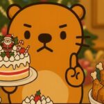 2025年クリスマスケーキ値上げと品薄事情を徹底解説 クリスマスケーキとチキンを前に真剣な表情のカワウソ君