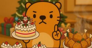 クリスマスケーキとチキンを前に真剣な表情のカワウソ君