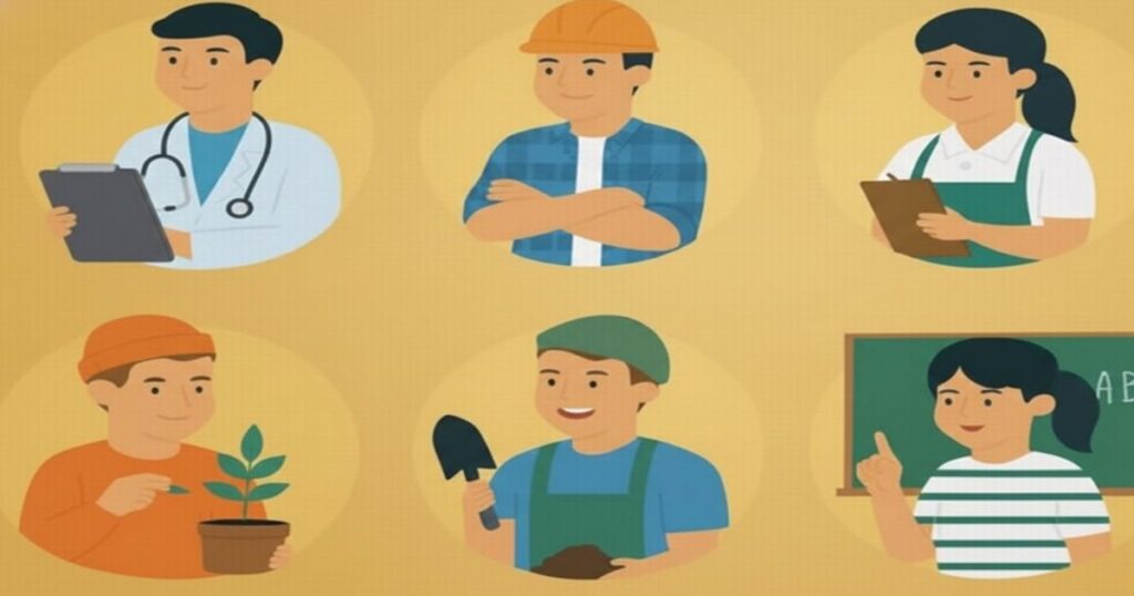 さまざまな職業で働く人たちを描いたイラスト。医師、建設作業員、女性スタッフ、植物を育てる作業員、園芸作業員、教師が並んでいる。