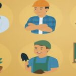 さまざまな職業で働く人たちを描いたイラスト。医師、建設作業員、女性スタッフ、植物を育てる作業員、園芸作業員、教師が並んでいる。