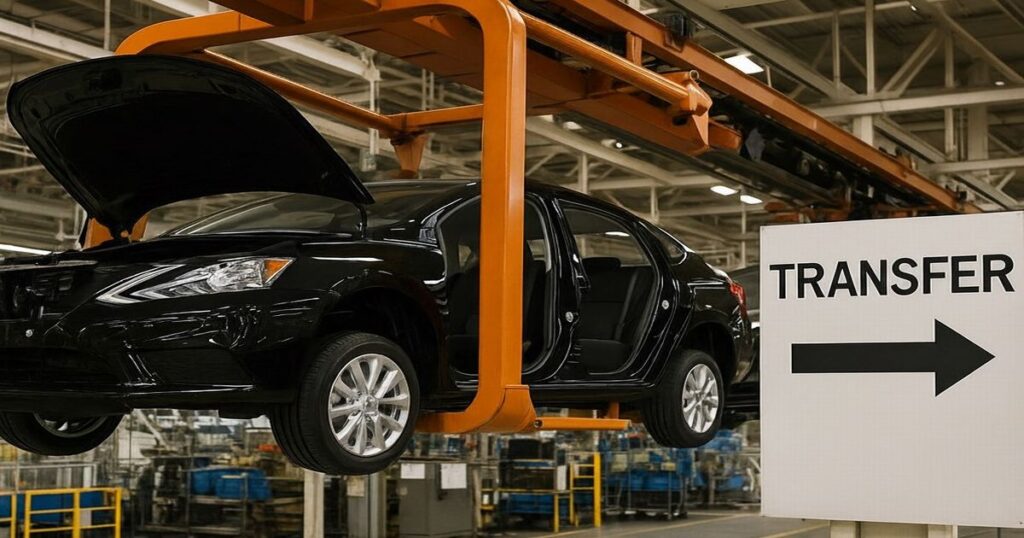 自動車工場で搬送ラインに吊り下げられ移動する黒いセダン車の組立工程