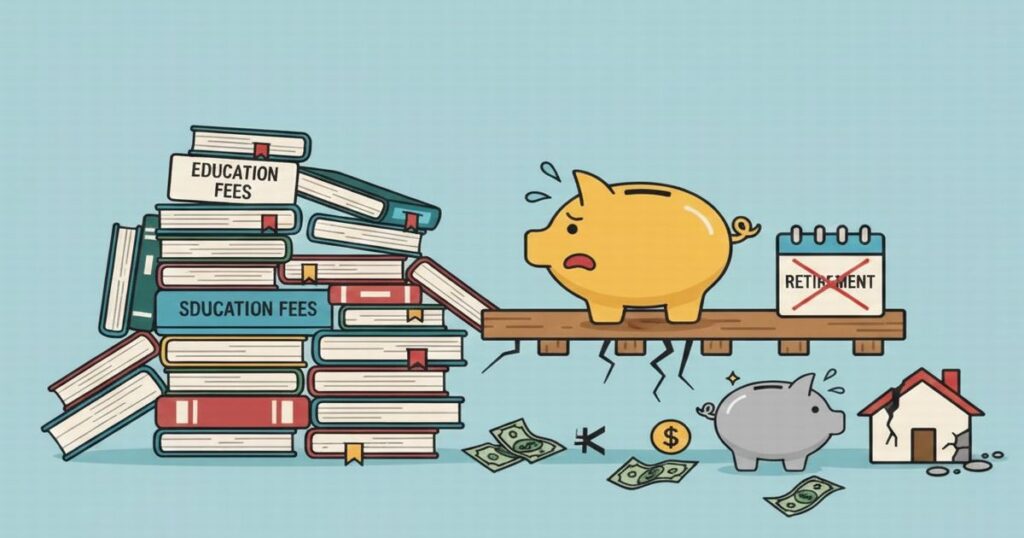 教育費の増大が親の老後資金と家計を圧迫する様子を表したイラスト