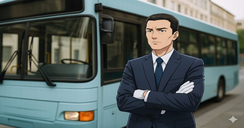 路線バスの前に立つバス運転手のアニメ風イラスト