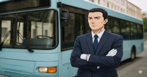 路線バスの前に立つバス運転手のアニメ風イラスト