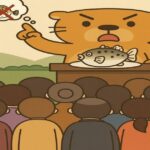 演説台に立つカワウソが焼きフグ料理を前に群衆へ注意喚起しているイラスト