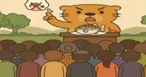 演説台に立つカワウソが焼きフグ料理を前に群衆へ注意喚起しているイラスト