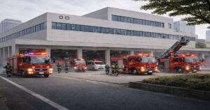 消防署から消防車が一斉に出動を開始する様子