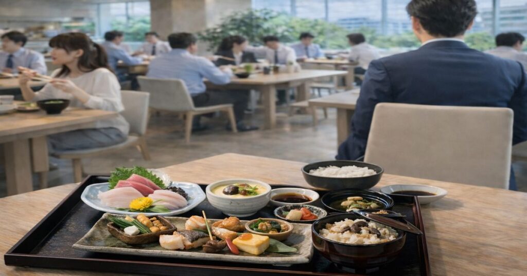 テーブル手前に懐石料理が並び、背景で社員が食事をする様子