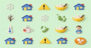 冬の家庭内リスクと食中毒・体調不良を示すアイコンイメージ