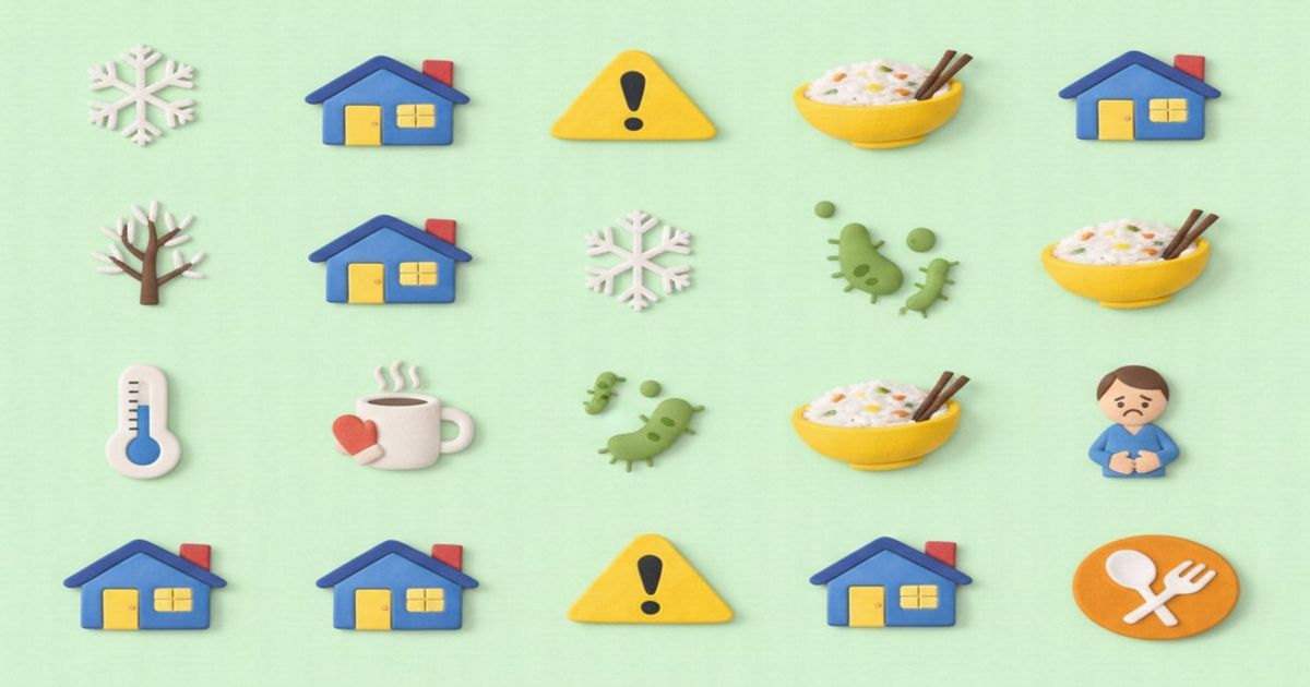 冬の家庭内リスクと食中毒・体調不良を示すアイコンイメージ