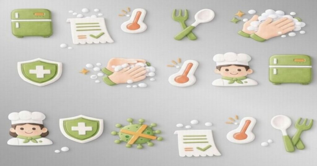 食品衛生と食中毒予防を表す手洗い、温度管理、調理、冷蔵庫、ウイルス対策のイラストアイコン