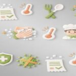 食品衛生と食中毒予防を表す手洗い、温度管理、調理、冷蔵庫、ウイルス対策のイラストアイコン