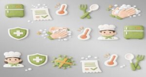 食品衛生と食中毒予防を表す手洗い、温度管理、調理、冷蔵庫、ウイルス対策のイラストアイコン