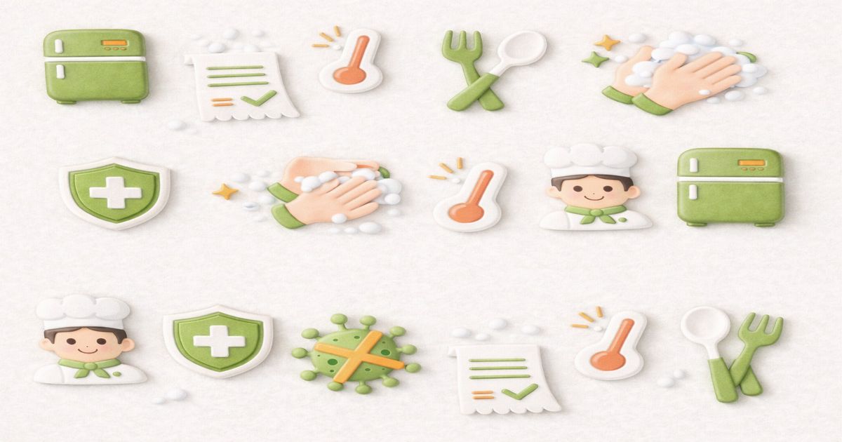 食中毒予防と衛生管理を表した手洗い・冷蔵庫・温度管理のアイコンイラスト