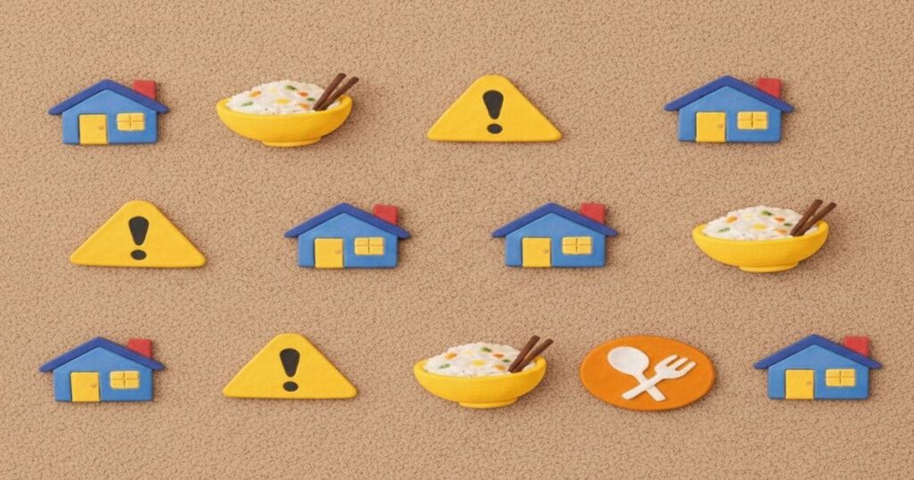 家庭内の食中毒注意を表す小さなアイコンが並んだイメージ