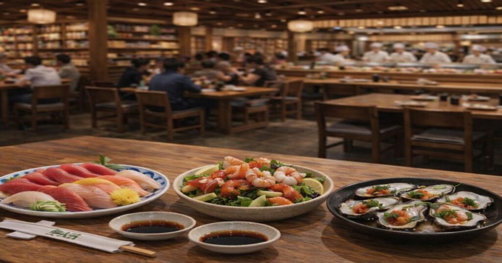 寿司店のテーブルに並ぶ刺身盛り合わせと海鮮サラダ、カキポン酢