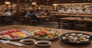 寿司店のテーブルに並ぶ刺身盛り合わせと海鮮サラダ、カキポン酢