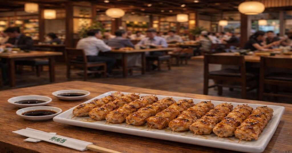 店内で、テーブルに焼き鳥が整然と並べられている様子