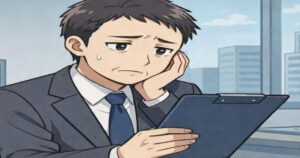 不安そうな表情で書類を見る40歳男性会社員のイラスト