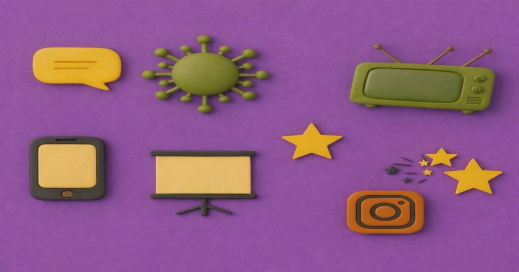 バイオレット背景に配置されたウィルスアイコンとメディア関連のアイコンイラスト