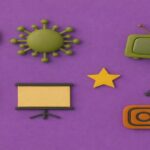 バイオレット背景に配置されたウィルスアイコンとメディア関連のアイコンイラスト