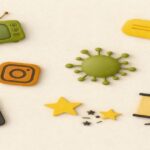 クリーム色の背景にランダム配置された3D風アイコンイラスト