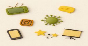 クリーム色の背景にランダム配置された3D風アイコンイラスト