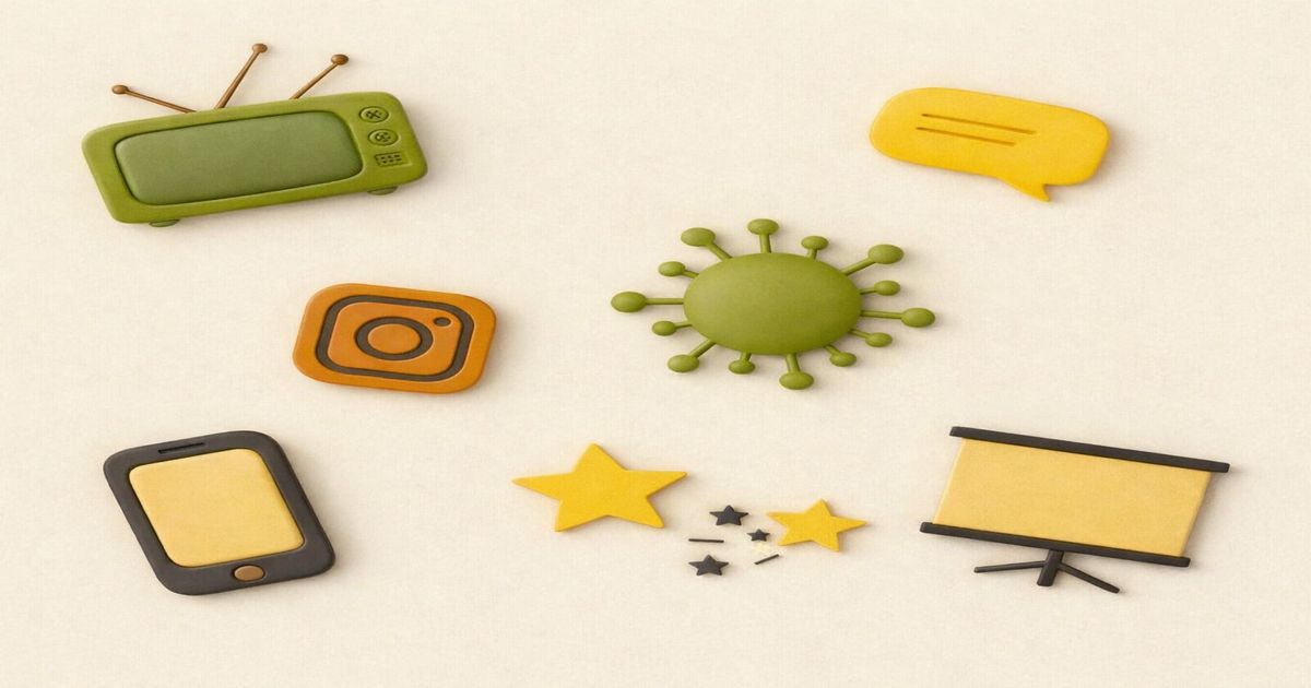 クリーム色の背景にランダム配置された3D風アイコンイラスト