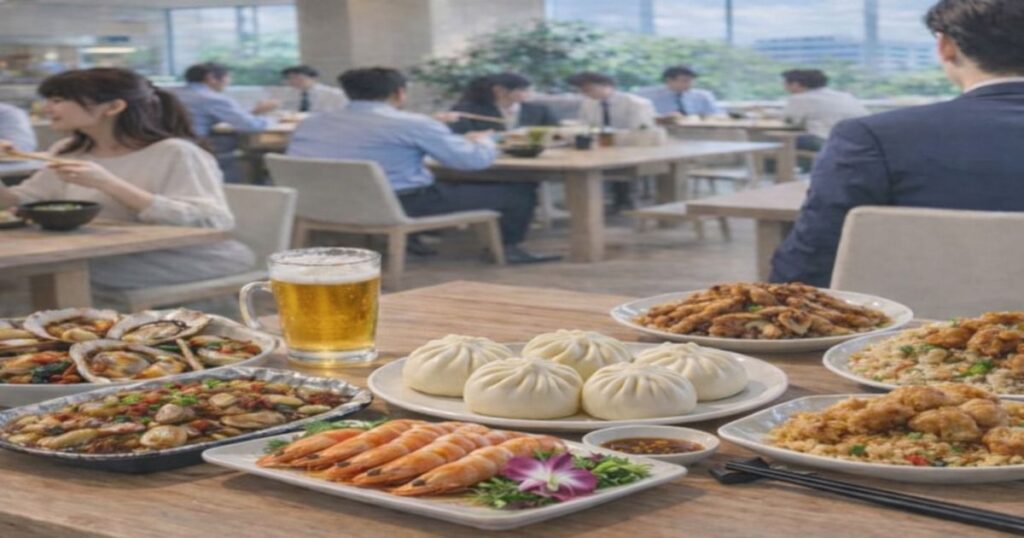 テーブルに並ぶ中華料理。麻婆豆腐やエビ、二枚貝など食中毒リスクが高い料理が並ぶ様子