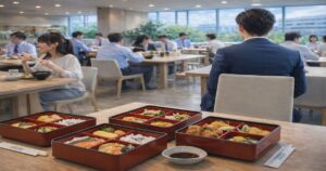 テーブルに並ぶ仕出し弁当と昼食を取る会社員の様子