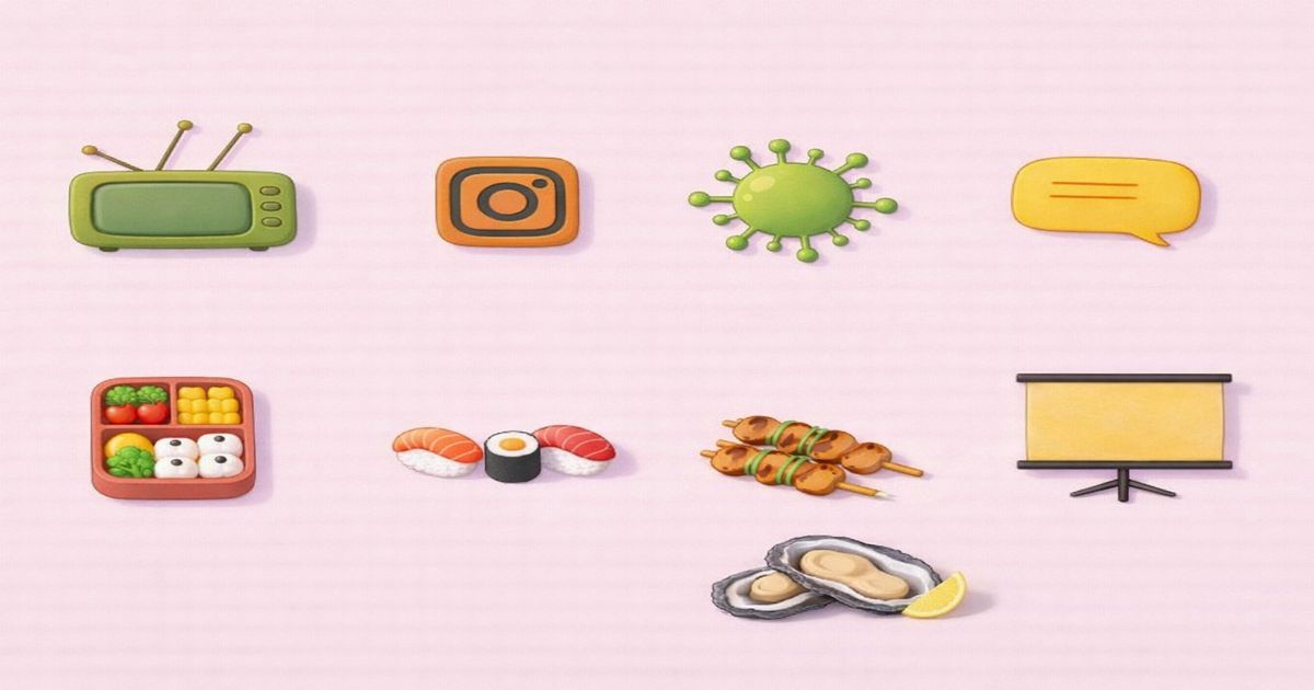 SNSと食事、感染症リスクを表したアニメ風アイコンイラスト