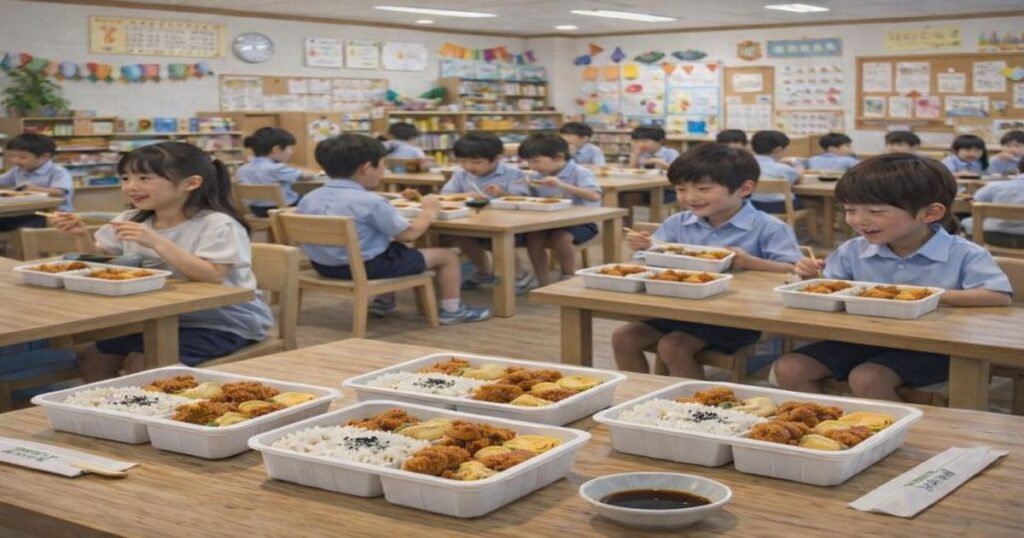 児童クラブで子どもたちが500円程度の弁当を食べている様子