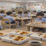 児童クラブで子どもたちが500円程度の弁当を食べている様子