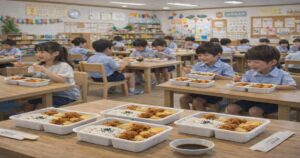 児童クラブで子どもたちが500円程度の弁当を食べている様子