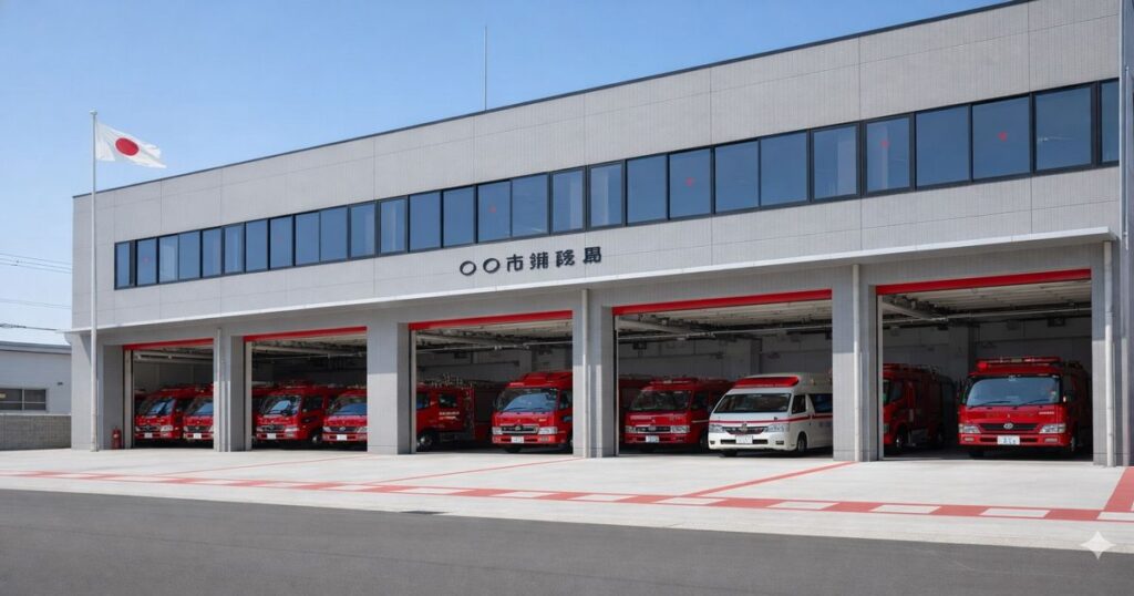 車両が並ぶ日本の一般的な消防署