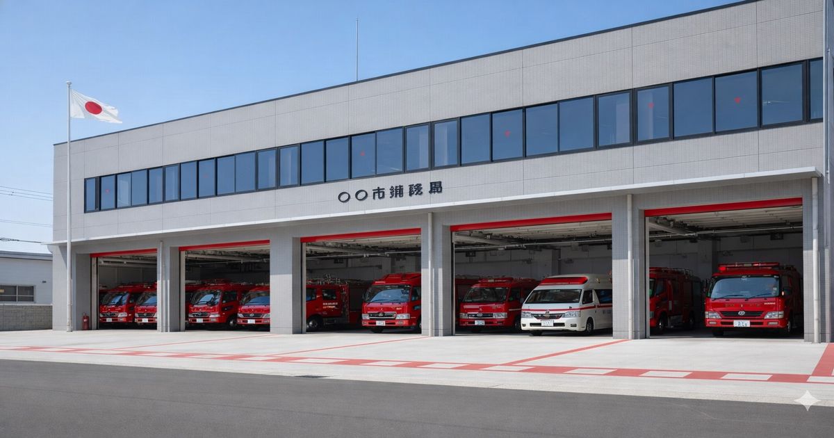 車両が並ぶ日本の一般的な消防署