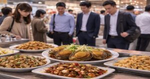 催事場販売所で煮貝やタコ料理、アワビの煮付けを立って見て選ぶ来場者