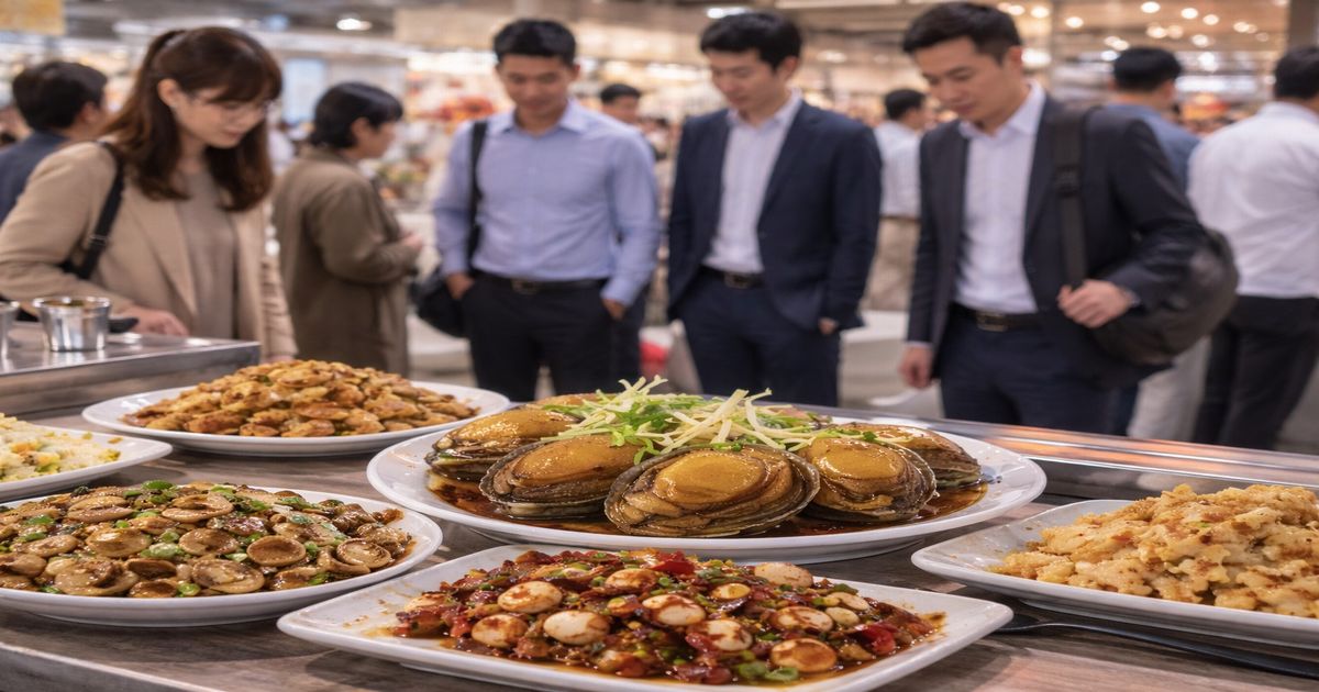 催事場販売所で煮貝やタコ料理、アワビの煮付けを立って見て選ぶ来場者