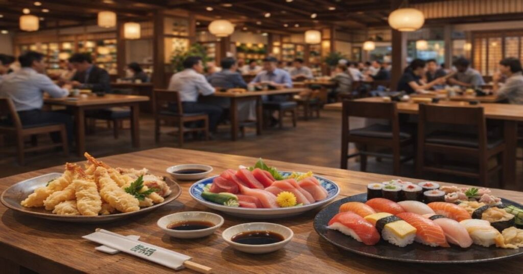 飲食店のテーブルに並ぶ天ぷらと刺し身、すしと店内の様子