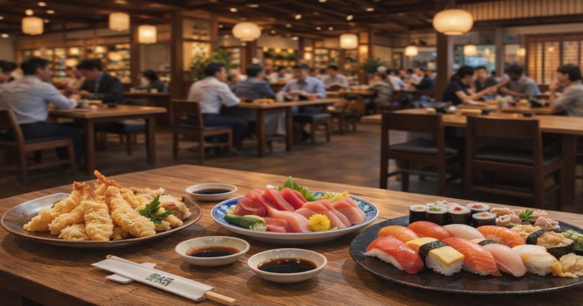 飲食店のテーブルに並ぶ天ぷらと刺し身、すしと店内の様子