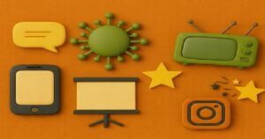 オレンジ背景に配置されたウィルスアイコンとメディア関連のアイコンイラスト