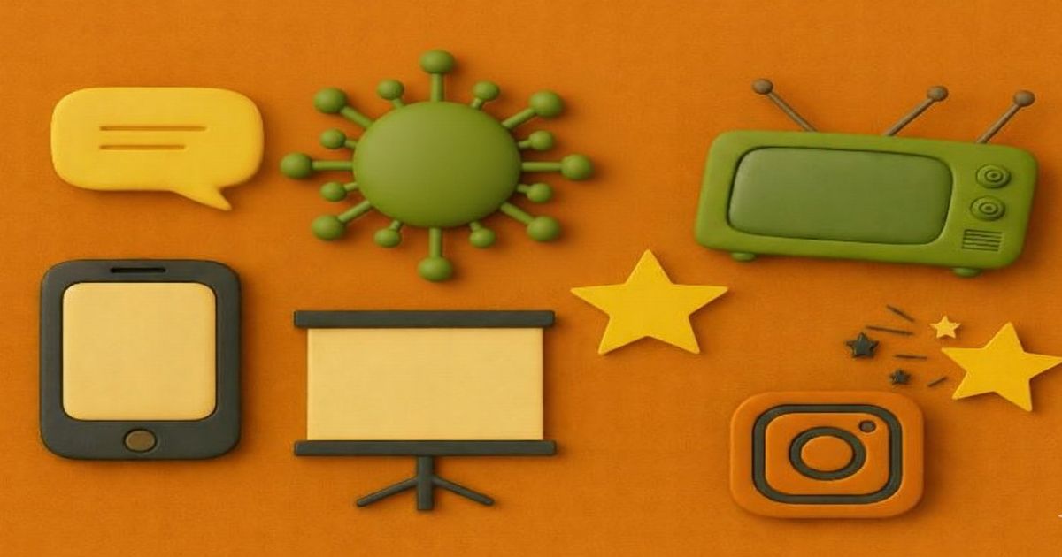 オレンジ背景に配置されたウィルスアイコンとメディア関連のアイコンイラスト