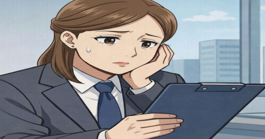 書類を確認しながら不安そうな表情を浮かべるスーツ姿の女性会社員
