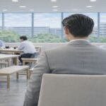 社員が集うオフィスで転職とキャリアを考えるビジネスパーソンの後ろ姿