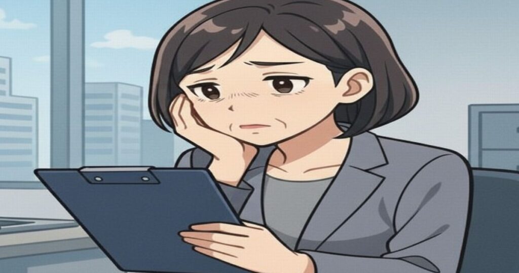 オフィスで書類を見つめ、不安そうな表情を浮かべるミドル世代の女性会社員のイラスト