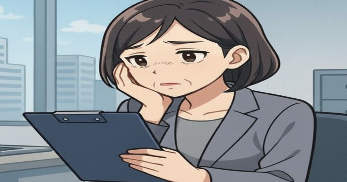 オフィスで書類を見つめ、不安そうな表情を浮かべるミドル世代の女性会社員のイラスト