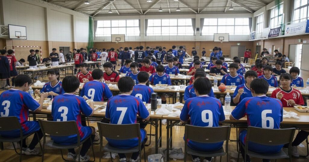 高校生ハンドボール大会で多くの選手が体育館内で弁当を食べている様子