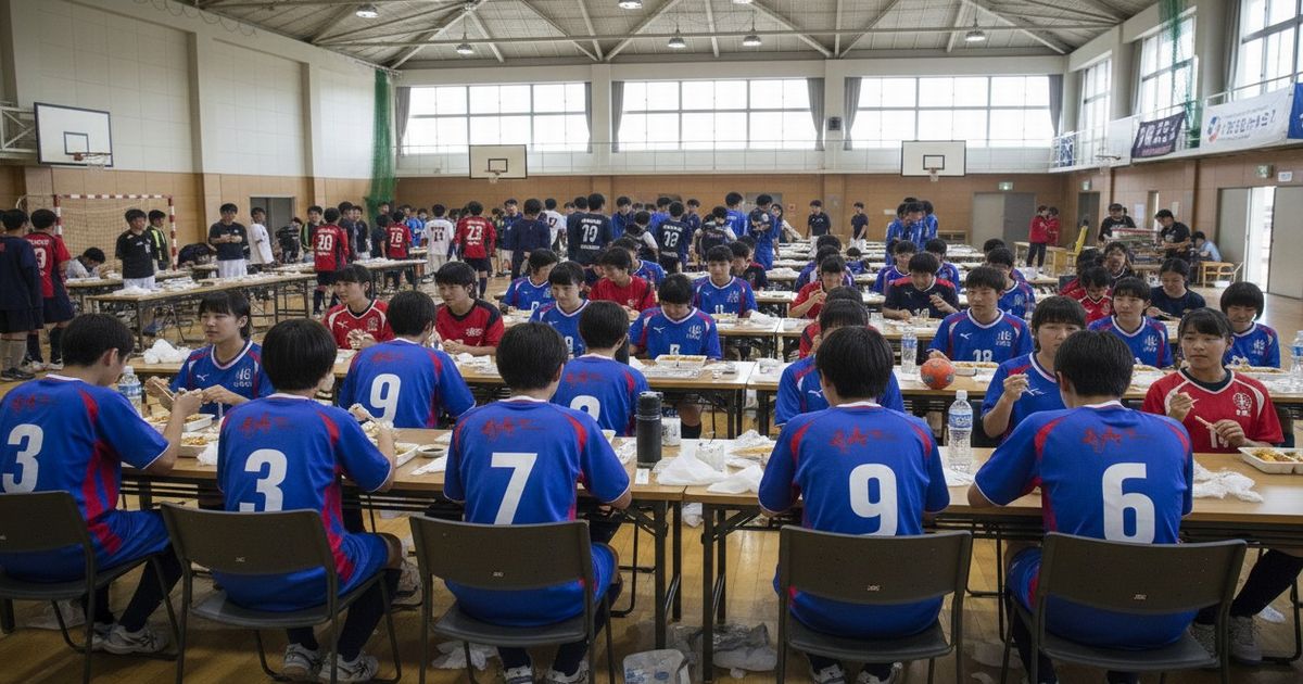 高校生ハンドボール大会で多くの選手が体育館内で弁当を食べている様子