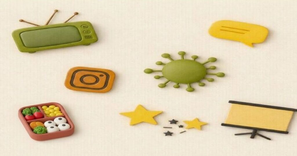 テレビ、SNS、ウイルス、吹き出し、弁当などメディア関連アイコンのイラスト